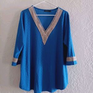Womens Knit Tunic Sz  2 XL  Blue W/ White Embroidery Hippie Boho Y2K Rencore